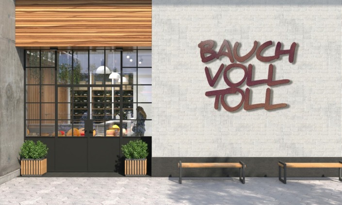 Dies ist ein Bild mit Metallbuchstaben BAUCH VOLL TOLL | Aluminium rostoptik | je Wort ca. 1,60 -1,80 Meter