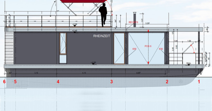 Dies ist eine Zeichnung von einem Hausboot mit Metallbuchstaben als Bootsbeschriftung 3d Bootnamen