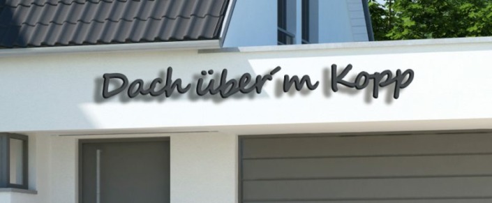Dies ist ein Beispiel-Bild mit einem Namenschild für ein Haus in Aluminium antrazit | DACH ÜBER´M KOPF | 2,80 Meter