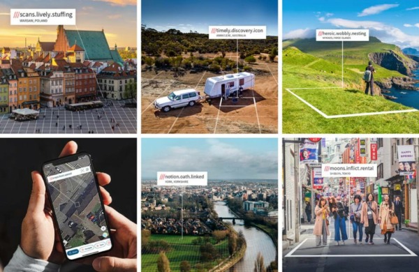 Eine Collage aus Beispielbildern zur Nutzung von what3words